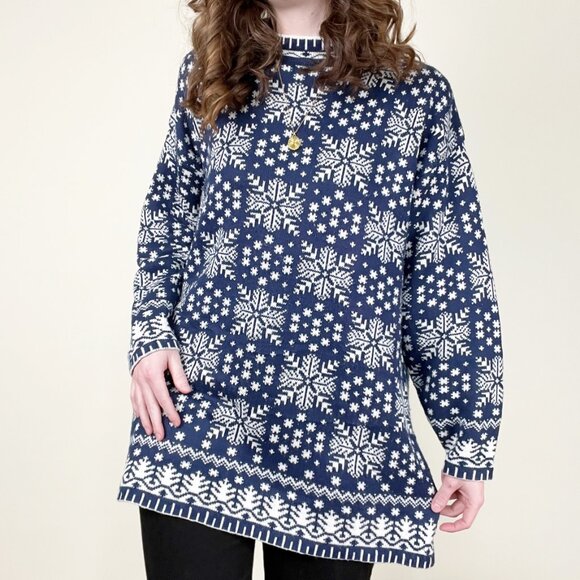 Vintage Snowflake Knit Sweater Oversized Tunic Fair Isle Scandinavian Christmas - Picture 1 of 7